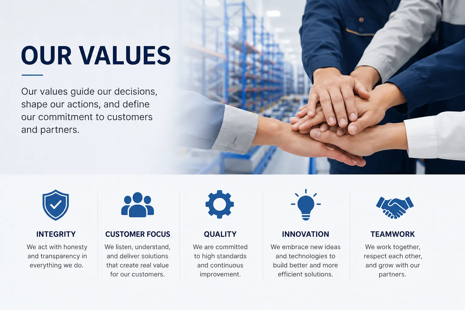 KEVINA corporate values including integrity, customer focus, quality, innovation and teamwork